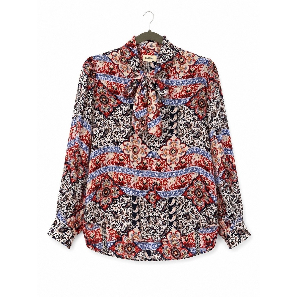 L'AGENCE Silk Bandana Paisley Tie Neck Blouse S Red Blue Button Up Cowgirl Chic